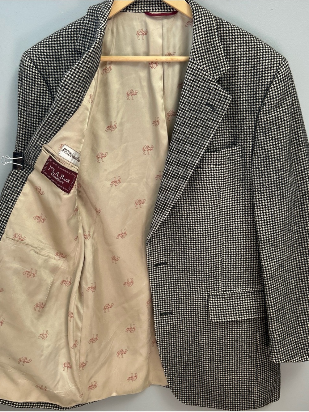 Jos A Bank Camel Hair Sport Coat Mens Blazer Houndstooth Black White 40R VTG